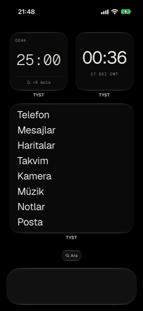 TYST ile aynı ana ekran: bir saat ve kısa bir uygulama adı listesi.