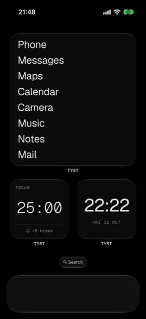 The same Home Screen with TYST: a clock and a short list of app names.